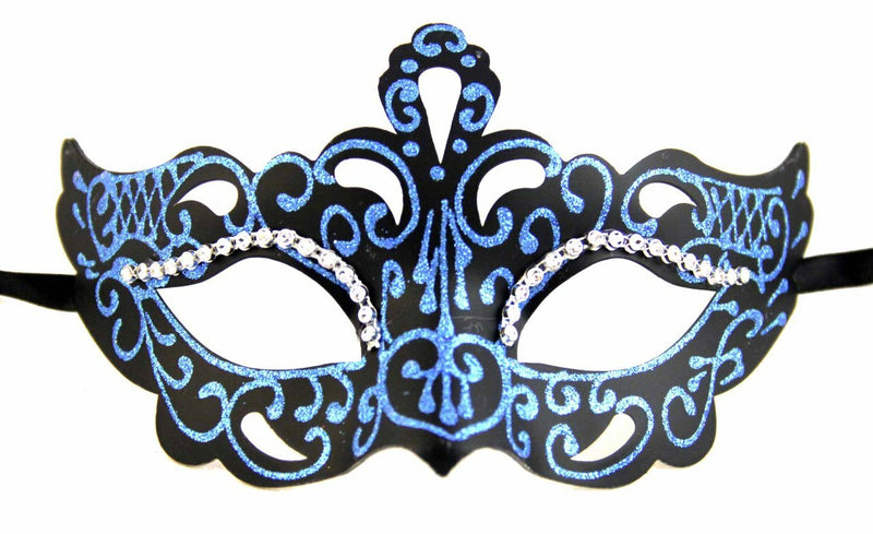 blue glitter rhinestones black masquerade mask