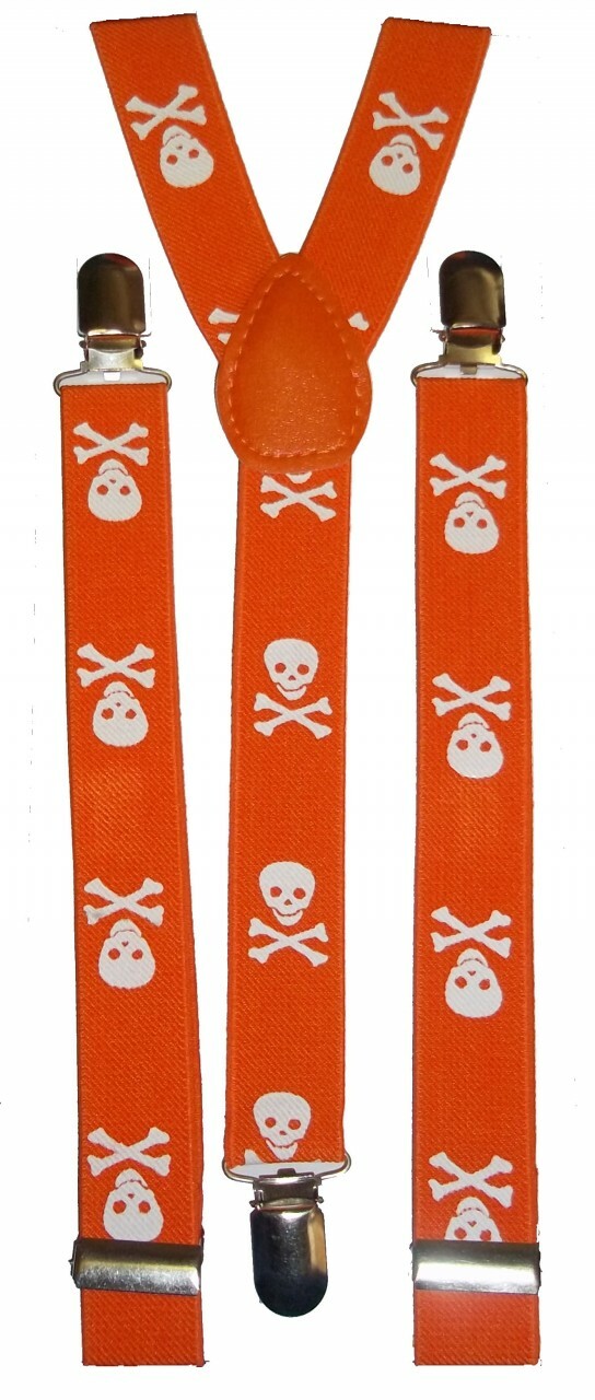 Skull & Crossbones Skinny Suspenders-Orange and White