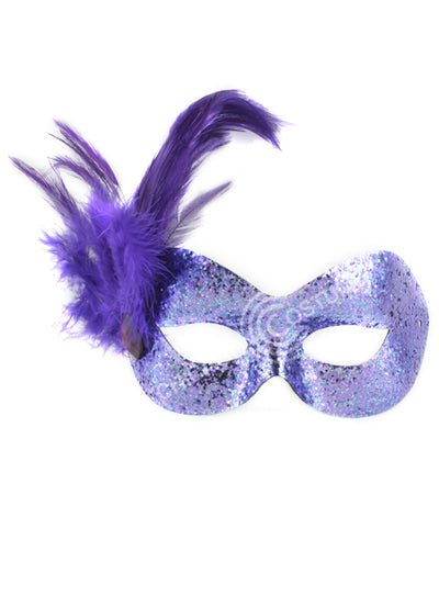Camille Eye Mask - Purple Glitter with Purple feathers on the left side topped with a jewel