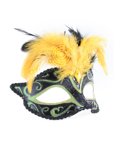 green yellow black glitter feathers masquerade mask mardi gras