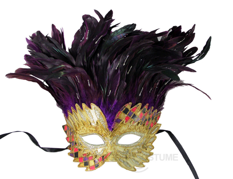 violet silver red glitter feather masquerade mask