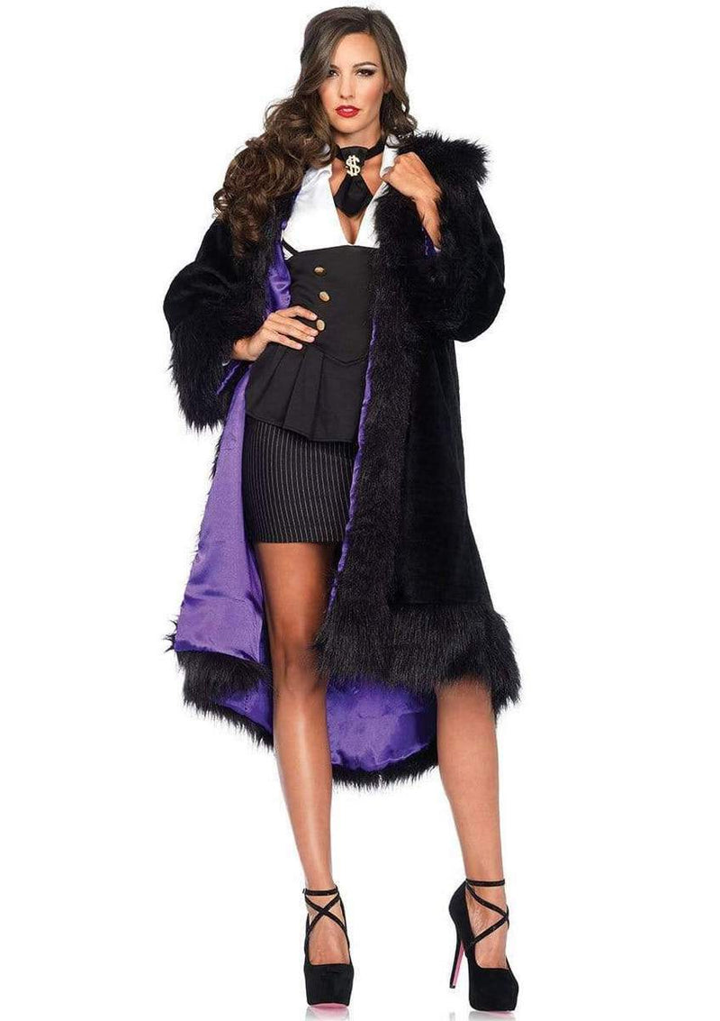 Black Faux Fur Coat with Satin Purple Lining