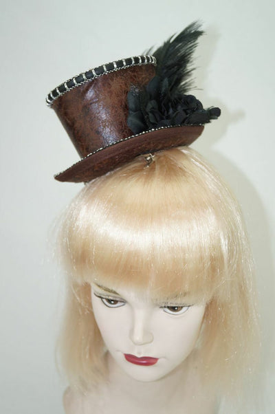 leather mini top hat feather flower black and brown steampunk womens