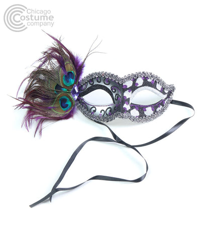 purple black silver glitter peacock feathers masquerade mask