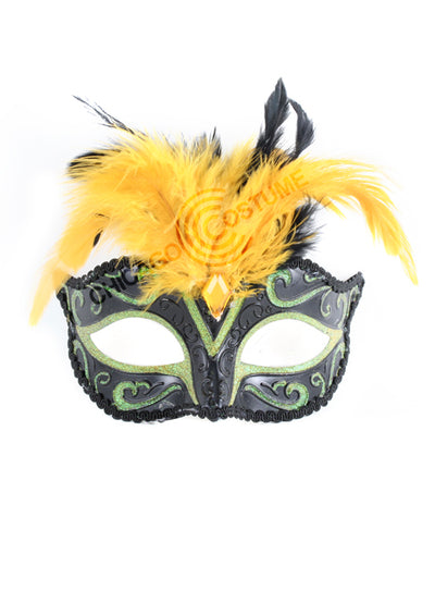 green yellow black glitter feathers masquerade mask mardi gras