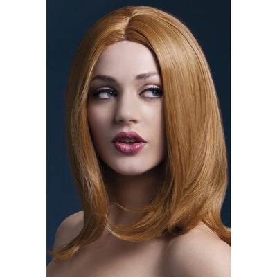 Long layered wig with center parting, auburn