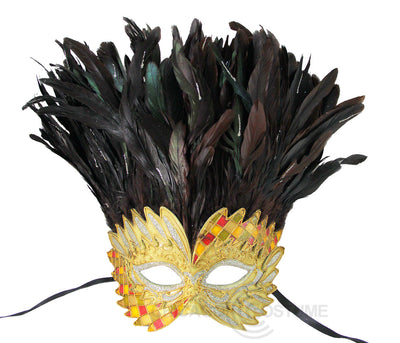 brown red green yellow glitter feather masquerade mask