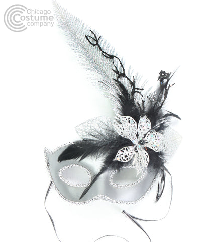 silver sparkly glitter black feathers flowers fancy masquerade mask