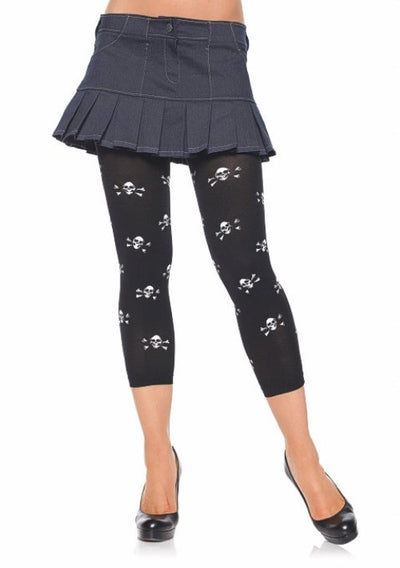 Opaque Footless Tights with Skull Print