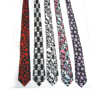 red skull tie, black and white skulls tie, white laughing ties, neon laughing ties, purple skulls tie