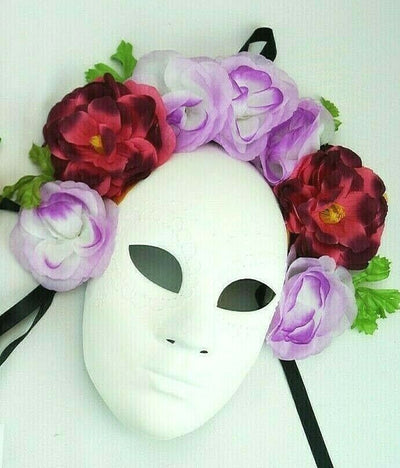 Unpainted Day of the Dead Mask with Roses DIY Halloween Mask purple roses