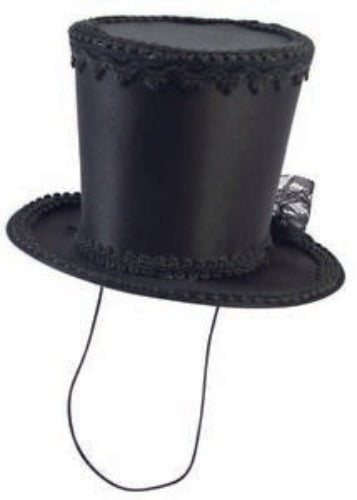 Mini black top hat with black lace trim