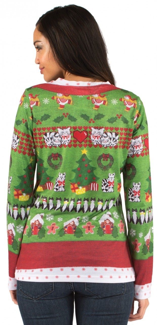 Faux Real Ugly Christmas Sweater with Gingerbread and Cats